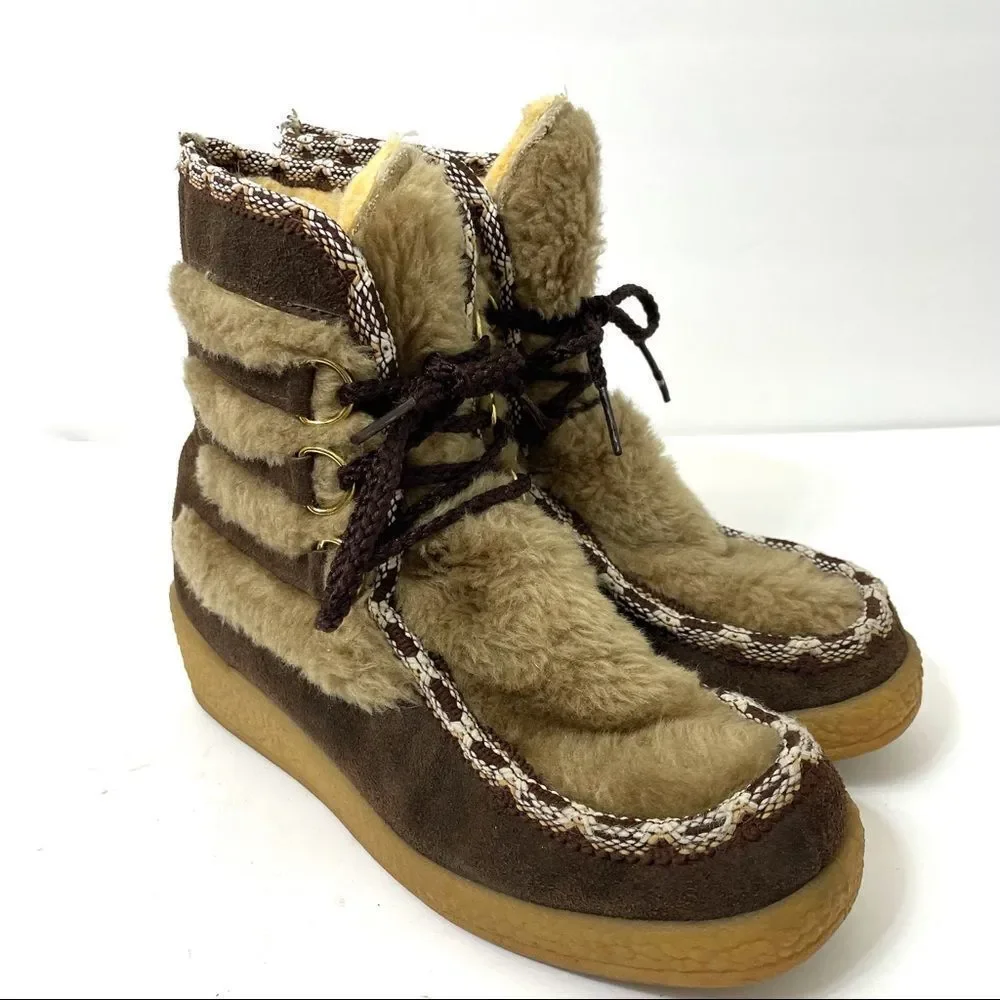 Quoddy Brown Suede Faux Fur Wool Lined Lace Up Moccasin Boots